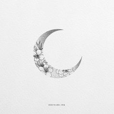 a drawing of a crescent with flowers on the moon's side, in black and white