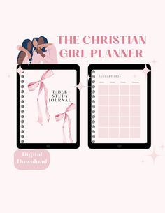 the christian girl planner is shown with pink ribbons and bows on it's side