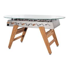 a glass table top foo - o - mat with wooden legs is shown in front of a white background