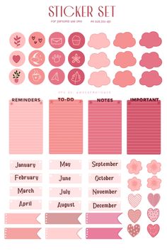 a pink planner sticker set with hearts and clouds