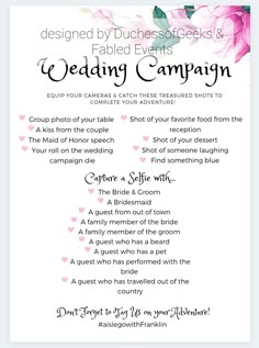 the wedding campaign is shown with pink flowers and hearts on it, as well as an image