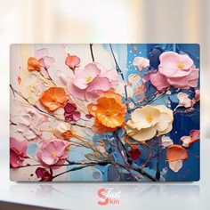 an abstract painting with pink, orange and white flowers on it's back cover