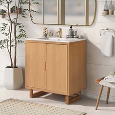 a bathroom with a sink, mirror and towel rack in it's corner next to a potted plant