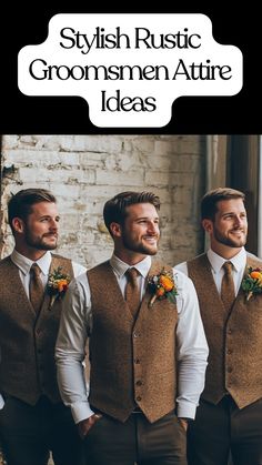 Rustic groomsmen attire with earthy tones and vests for a Thanksgiving wedding Boho Rustic Groomsmen Attire, Rust Bridesmaid Dresses With Groomsmen, Brown Suits For Groomsmen, Brown Vest Groomsmen, Groomsmen Attire Mountain Wedding, Groomsmen Attire Simple, Fall Wedding Suit Colors, Camo Groomsmen Attire, Rustic Wedding Groomsmen Attire