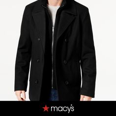 in stock Peacoat Jacket, Wool Blend Coat, Pea Coat, Notched Collar, Black Wool, Kenneth Cole, Mens Coats, Vest Jacket, Double Breasted