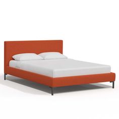 a bed with an orange headboard and white sheets on it's sides, against a white background