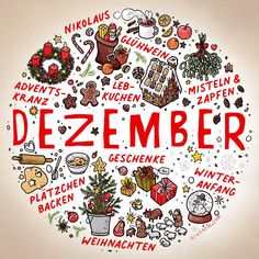 the word december surrounded by doodles and christmas related items in red on a beige background