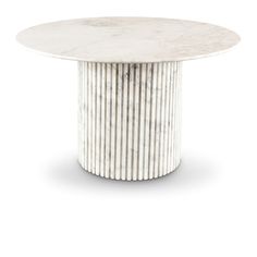 a round table with white marble top and vertical stripes on the base, viewed from the front