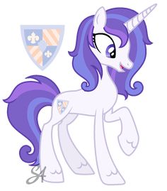 an image of a cartoon pony with purple hair and blue eyes, standing next to a shield