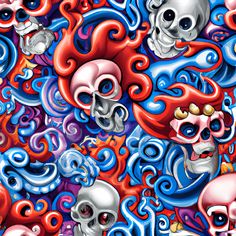 a colorful background with skulls and other items