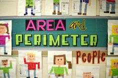 a bulletin board with paper cut out of people on it and the words area and perimeter