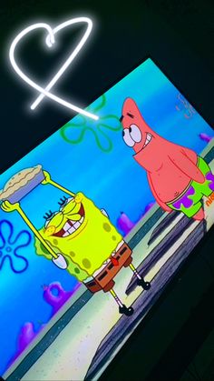 spongebob and patrick in front of a heart shaped neon sign