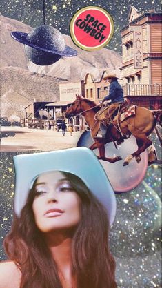 a woman wearing a cowboy hat and riding a horse in front of an image of space