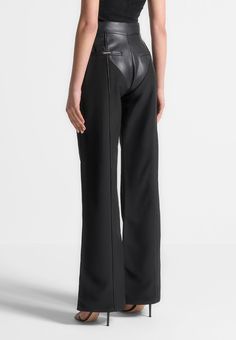 Maniere De Voir An elevation of the classic straight leg trouser silhouette, these feature a vegan leather knicker section to make these a versatile day to night style. Fw 2024, Trousers Women Wide Leg, Night Style, High Hips, Black Vegan, Leather Weaving, Fashion Night, Straight Leg Trousers, To Night