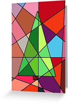 an abstract painting with different colors and shapes in the shape of a triangle on a white background