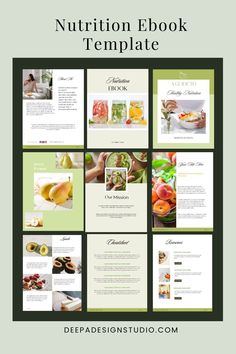 the nutrition book template is shown in green and white, with images of fruits on it