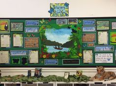 a bulletin board with many different pictures on it and animals in the jungle around it