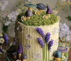 there is a cake decorated with mushrooms and flowers