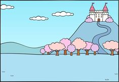 a drawing of a castle on top of a hill with trees in the foreground