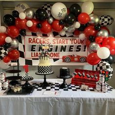 a race car themed birthday party with balloons