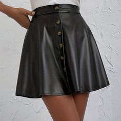 Elevate your everyday look with this chic High Waist Faux Leather A-Line Skirt, designed for the modern woman on the go. Perfect for commuting or casual outings, this versatile skirt combines sleek style with practical elegance. The front middle fastener decoration adds a unique and edgy element to the classic A-line silhouette, creating a standout piece that effortlessly blends fashion and function.Crafted from high-quality faux leather, this skirt offers a smooth, luxurious finish that looks and feels just like the real thing. Its high waist design cinches the waist, enhancing your natural shape and providing a flattering, feminine fit. The A-line cut ensures ease of movement, while the structured shape gives it a sophisticated look, making it ideal for both casual and semi-formal occasi Leather A Line Skirt, Button Front Skirt, Solid Skirt, Aline Skirt, Spring Skirts, Faux Leather Skirt, Leather Pattern, Sleek Fashion, Button Dress