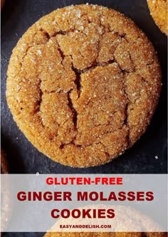 gluten - free ginger molasses cookies on a black surface with text overlay