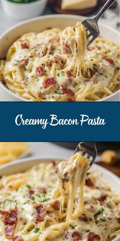 creamy bacon pasta in a white bowl with a serving spoon full of the casserole