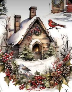 a christmas scene with a bird sitting on top of a house