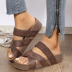 Category:Sandals; Upper Materials:Faux Leather; Season:Summer; Heel Type:Platform,Flat Heel; Gender:Women's; Toe Shape:Open Toe; Style:Minimalism,Elegant,Casual; Heel Height(inch):3-4; Outsole Materials:PU; Occasion:Daily,Beach,Outdoor; Closure Type:Loafer; Pattern:Braided,Solid Color; Listing Date:03/21/2023; Production mode:External procurement; 2023 Trends:Corkys Sandals,Outdoor Slippers,Plus Size; Foot Length:; Foot Width:; Size chart date source:Provided by Supplier. Sandals 2023, Orthopedic Sandals, Casual Wedges, Woven Shoes, Braided Sandals, Elegante Casual, Wedge Heel Sandals, Platform Wedge Sandals, Platform Wedge