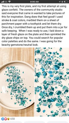 a white plate topped with lots of blue sprinkles next to a text message