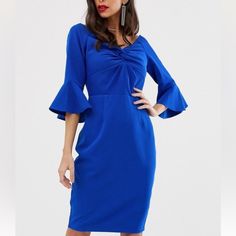 Nwt Paper Dolls Off Shoulder Pencil Midi Dress With Knot Front Detail. Size: Us 4 Color: Cobalt Blue Material: 90% Polyester / 10% Spandex Never Worn Blue Ruffled Mini Dress For Work, Blue Ruffled Midi Dress For Office, Blue Ruffle Mini Dress For Work, Blue Ruffled Office Dress, Blue Office Dresses With Ruffles, Blue Ruched Midi Dress For Workwear, Blue Ruched Dress For Work, Blue Ruched Midi Dress For Work, Paper Doll Dresses