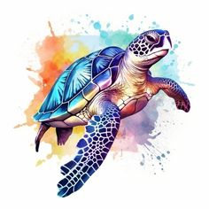 a painting of a sea turtle with watercolor splashs on it's back