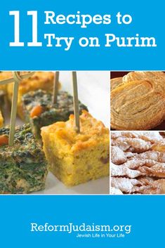 the cover of 11 recipes to try on purim, with pictures of different food items