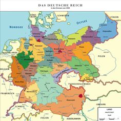 a map of germany with all the major cities and their respective towns in red, blue, green, yellow