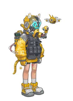 a drawing of a person wearing a diving suit and holding a yellow object in one hand