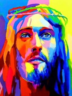 a painting of the face of jesus with long hair and blue eyes, in multi - colored tones