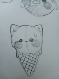 two drawings of an ice cream cone and a cat