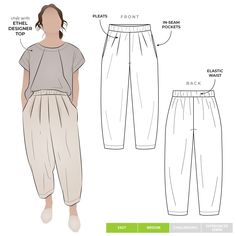 the front and back view of a woman's pants, with measurements for each side