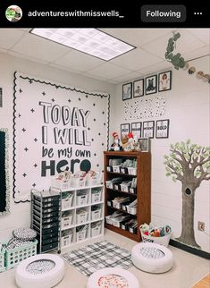 a classroom with white walls and black and white decorations