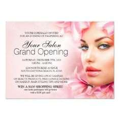 a pink salon grand opening card with a woman's face and flowers