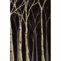 a painting of trees in the dark with no leaves on them, and black background