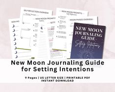 the new moon journal guide for setting intentionss is shown in three different sizes and colors