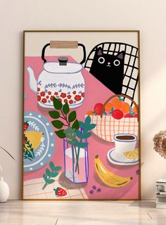 there is a painting on the wall next to a vase with flowers and fruit in it