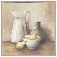 a painting of a pitcher, jug and bowl with eggs on the table next to it