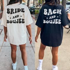 Oversized comfort colors bachelorette party shirts with words on back and custom design on front. Disco Bach Shirts, Bach N Boujee, Bachelorette Party Shirts Nashville, Bachlorette Party Theme Ideas Nashville, Bachelorette T Shirts Funny, Bachlorette Party Matching Shirts, Bach And Boujee Bachelorette Outfit, Cute Bachelorette Shirts, Unique Bachelorette Party Themes Outfits