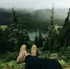 a person sitting on top of a lush green hillside next to a forest filled with trees