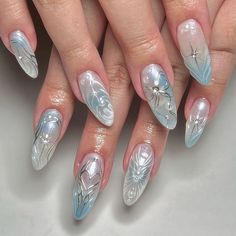 Blue Soft Gel Nails Design, Pastel Blue Press On Nails, Korean Y2k Nails, Winter Y2k Nails, Winter Nails Korean, Y2k Simple Nails, Nail Korean Style Blue, Y2k Blue Nails, Blue Nails Y2k