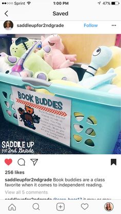 an instagramted photo of stuffed animals in a toy bin with the caption'book buddies '