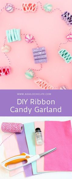 the diy ribbon candy garland is being made with scissors and glue on pink paper