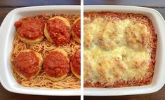 two pictures side by side, one with spaghetti and the other with sauce in it